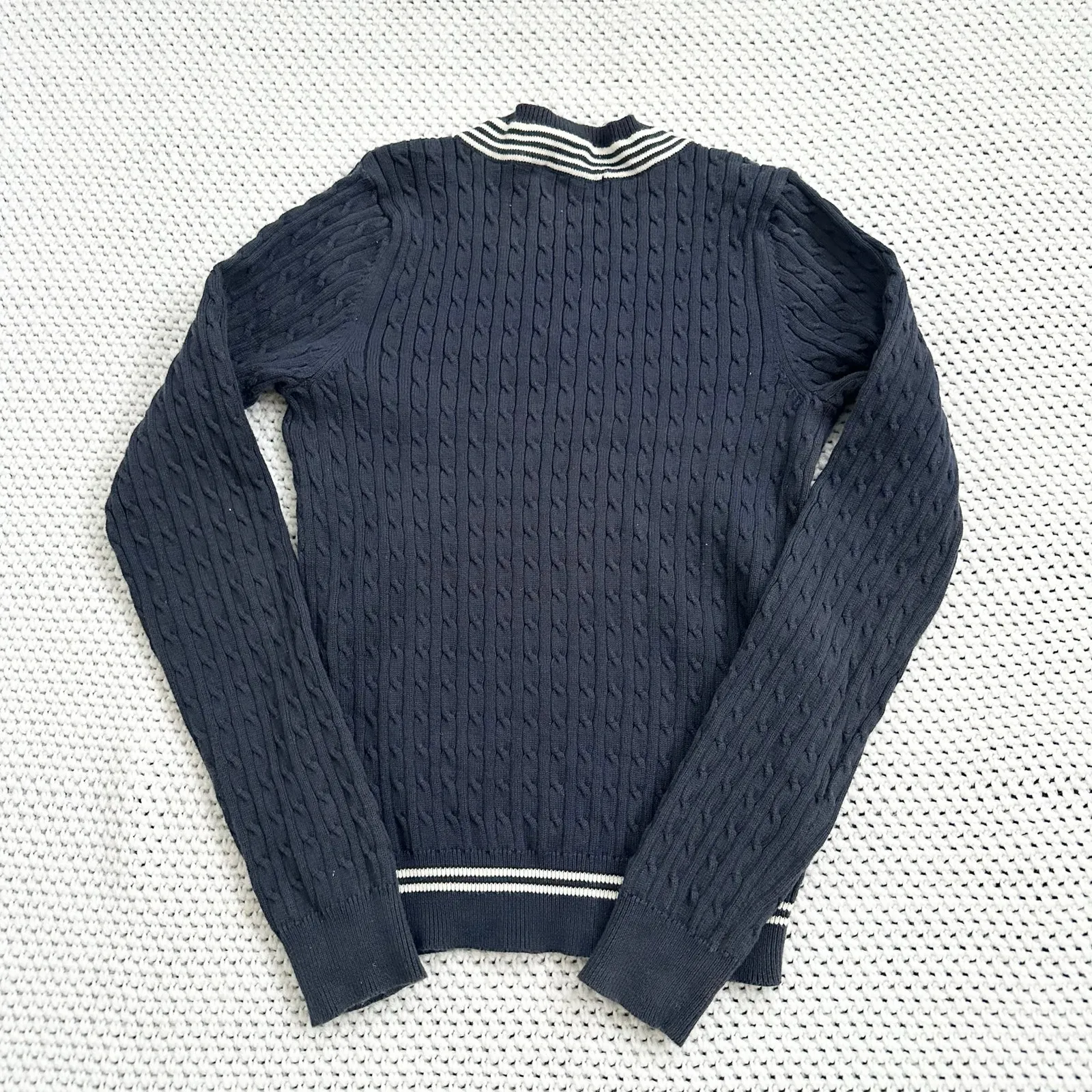 Polo Ralph Lauren Navy Blue Cable Knit Vintage Y2K Varsity V Neck Sweater Small - Image 9