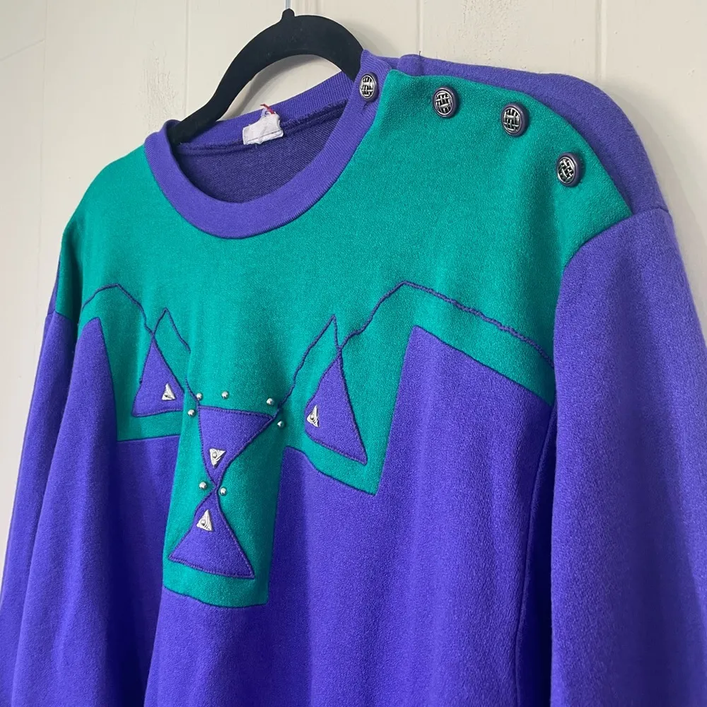 Vintage 80s 90s Purple Green 3/4 Sleeve Crop Sweater ~ Made In USA ~ Size S(4 - Image 3