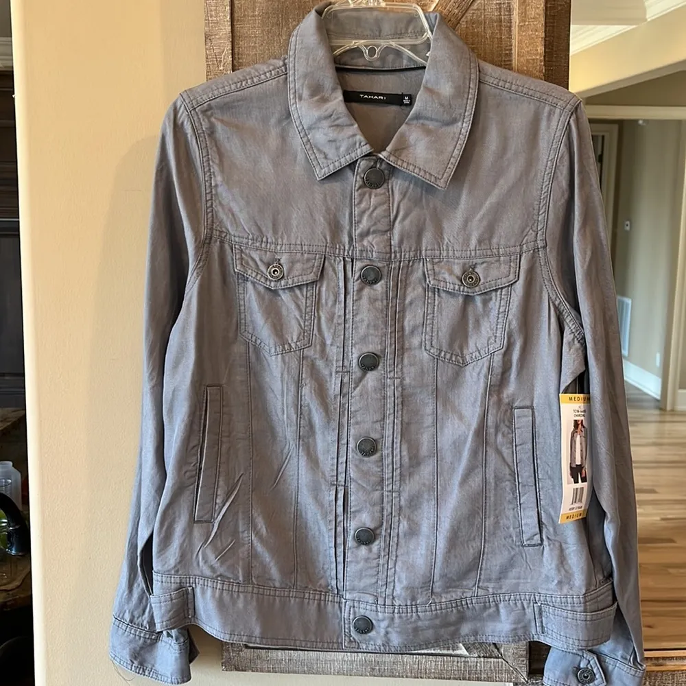 Tahari Tabari Denim Look Gray Lightweight Jacket Snaps Womens Medium - Image 3