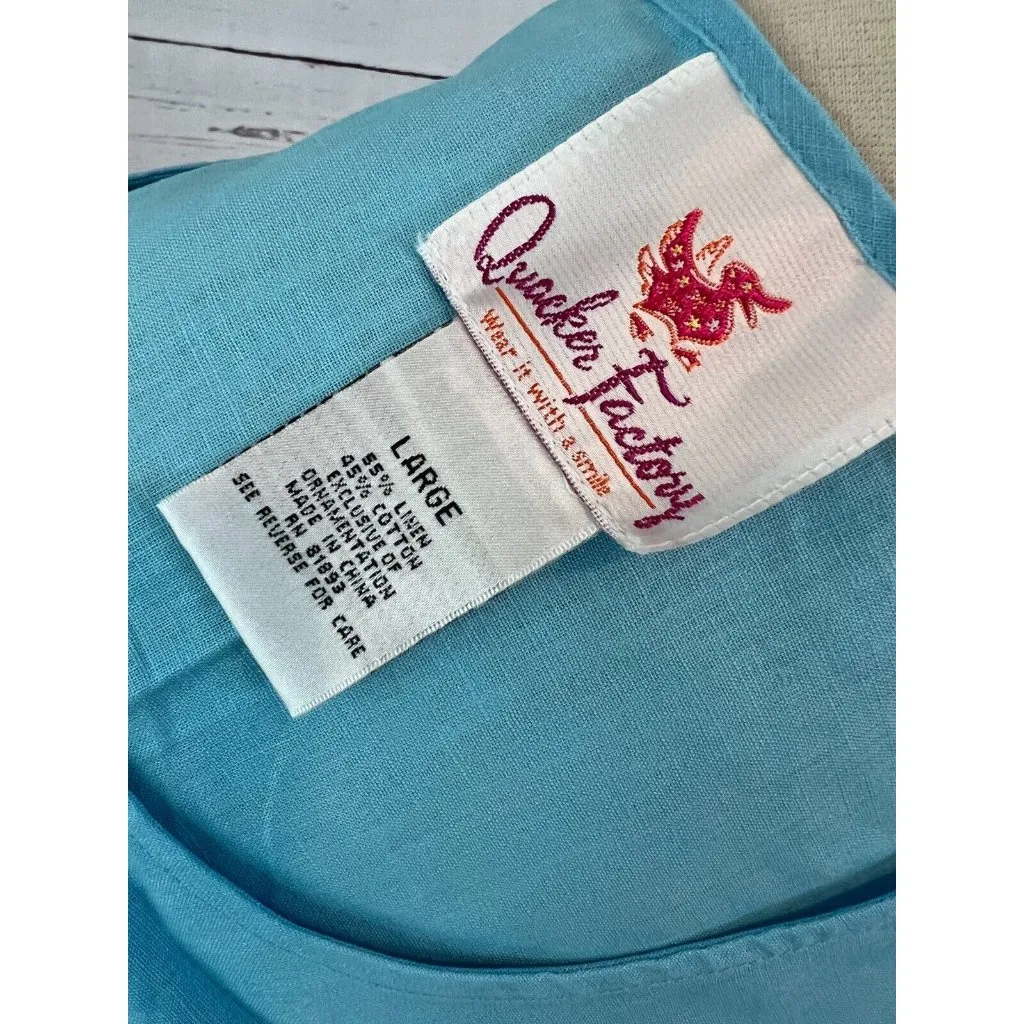 Quacker Factory Sleeveless Shirt Tank Top Cami Large Linen blend Rhinestone Blue - Image 2