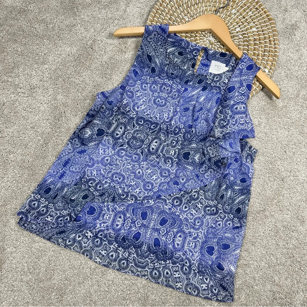 Anthropologie HD in Paris Sun Garden Blue Paisley Print Ruffle Blouse Size 6 - Image 3