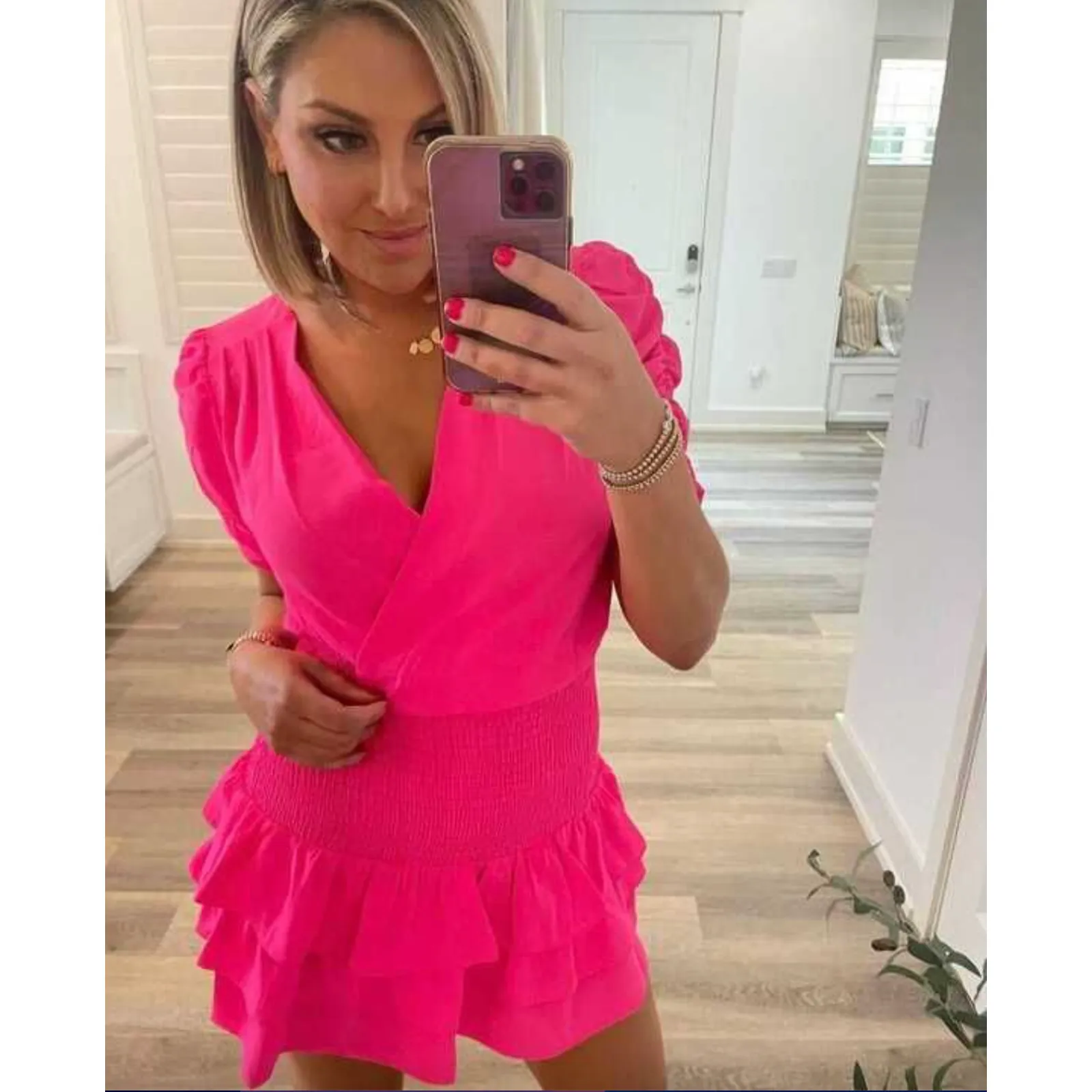 New Amanda Uprichard‎ Tabby Smocked Drop Waist Ruffle Mini Dress | Hot Pink M - Image 2