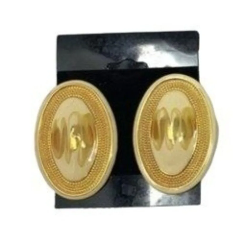 Vintage 80s 90s Pierced Earrings Metal Oval Geometric Gold Cream Retro - Image 3