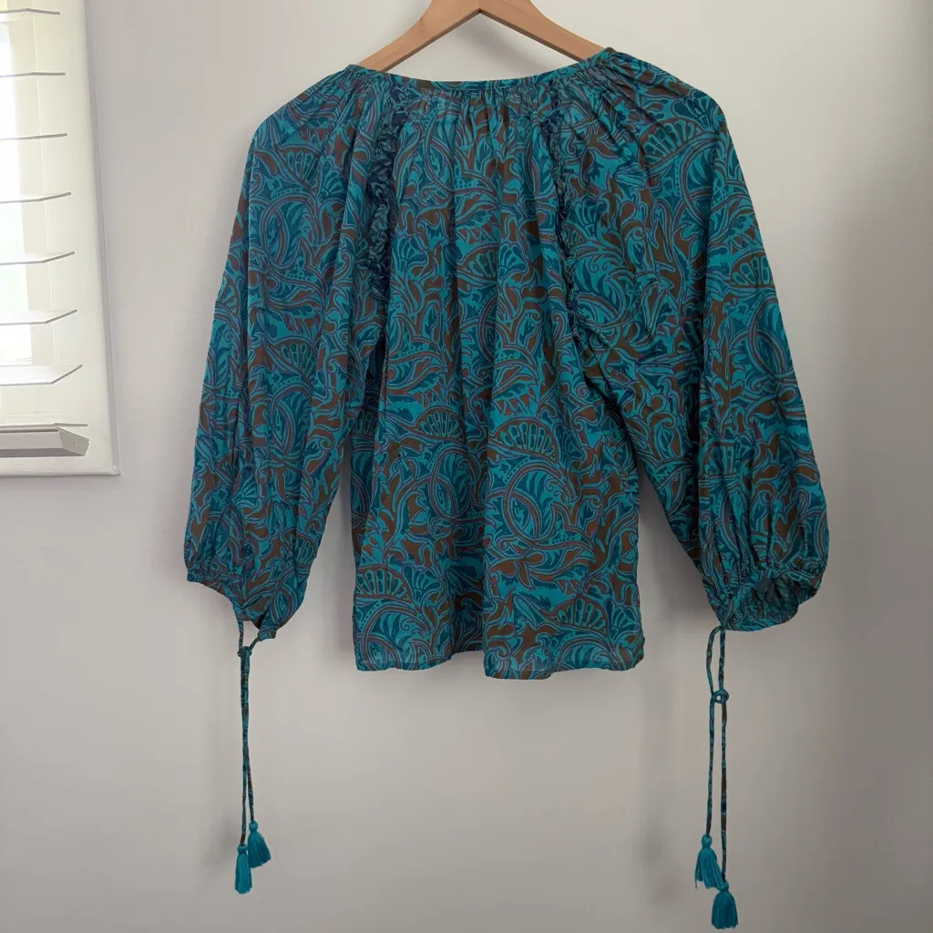 Cleobella Large Jayda Blue Turquoise Floral Tassel Balloon Sleeve Top Organic - Image 6