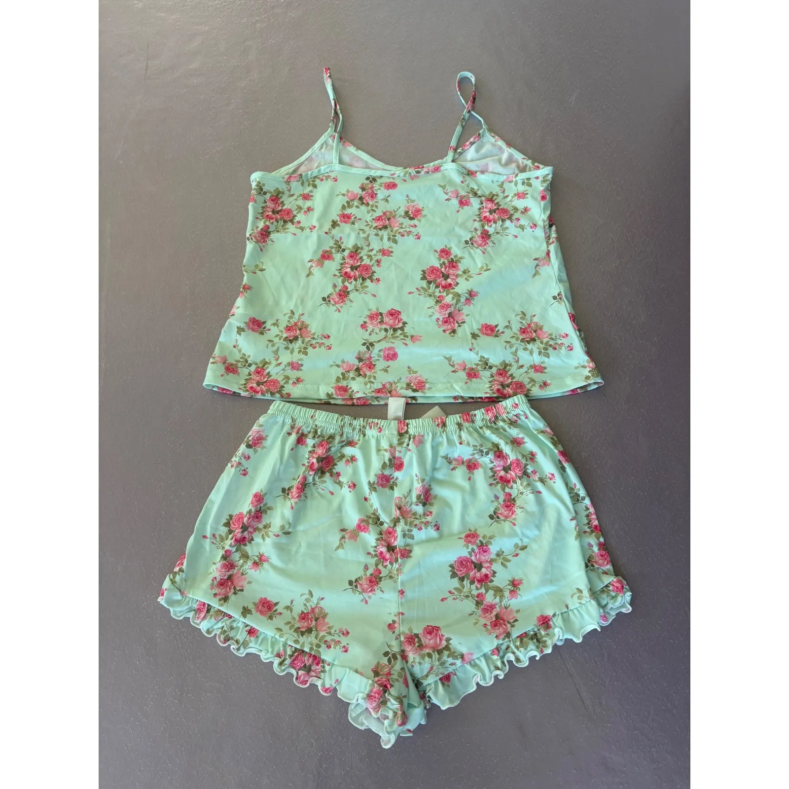 Floral Pajama Set Cami Top & Shorts Ruffle Trim Sleepwear Loungewear M Green Size M - Image 6