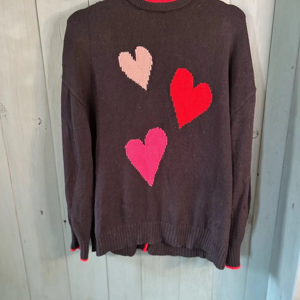 Talbots Black Cardigan Cable Knit Sweater with Pink Heart Accents | Sz 1X - Image 4