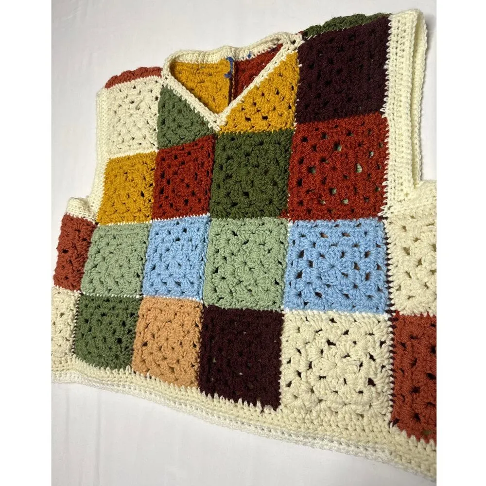 Vintage OOAK Handmade Crocheted Patchwork Hippie crop Vest Multicolor medium Brown - Image 8