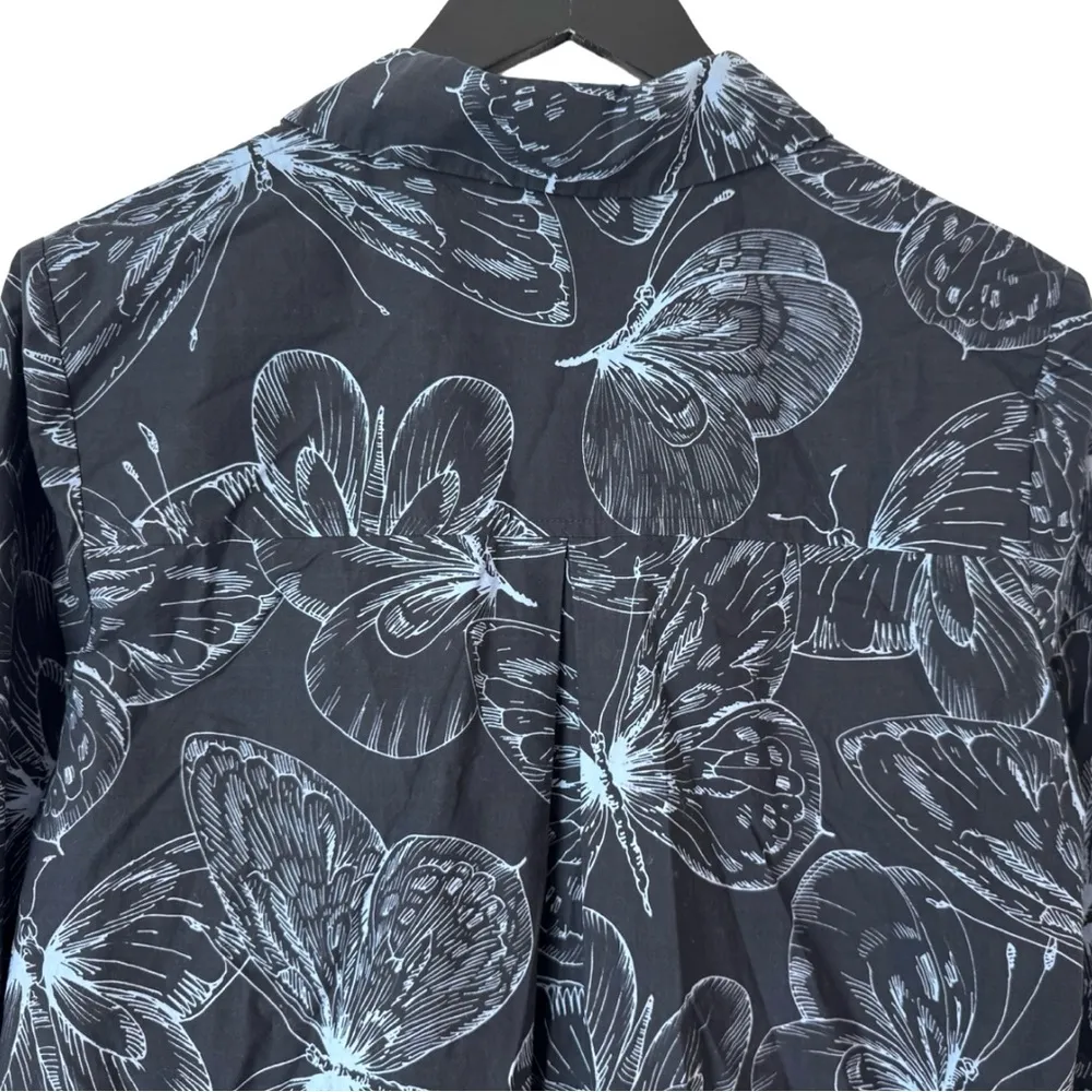 Lela Rose Butterfly Print Cotton‎ Long Sleeve Shirt 8 Navy Blue - Image 4