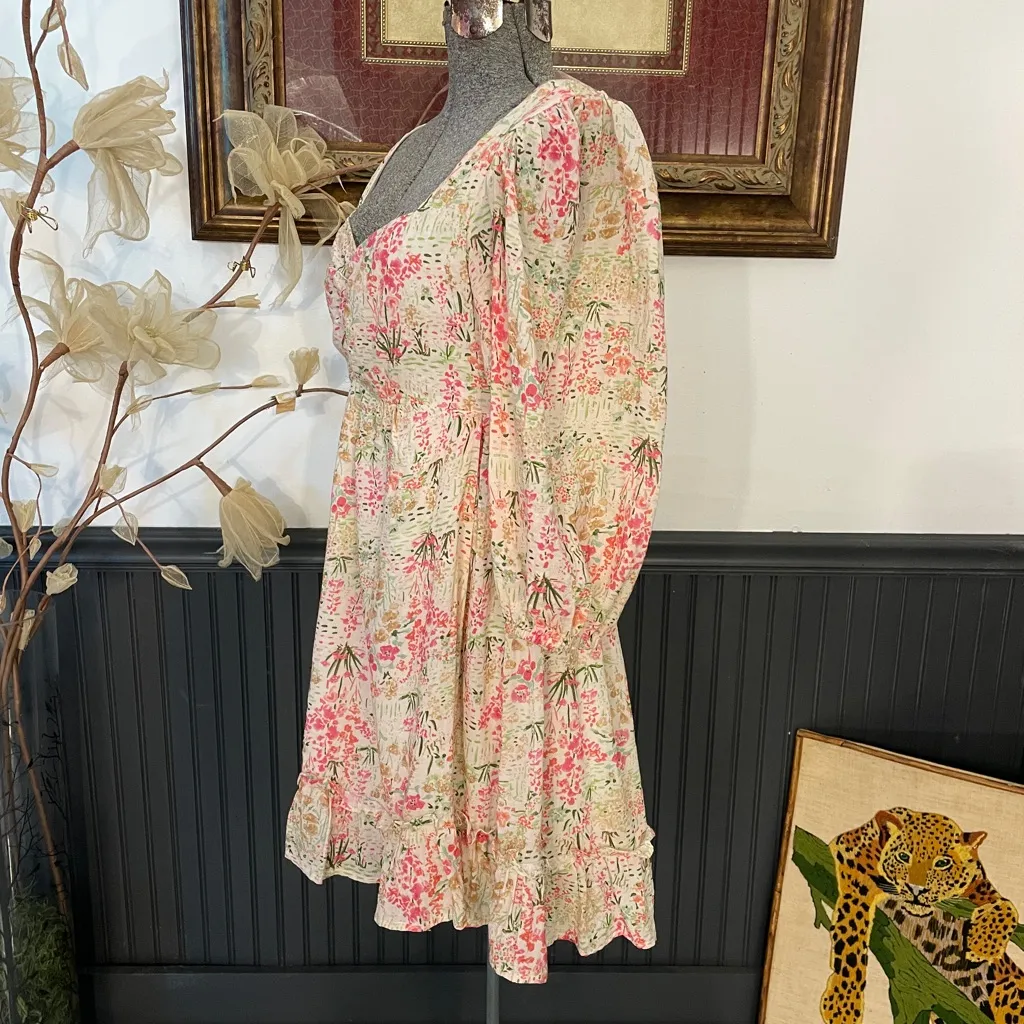 Meet Me In Santorini Floral Puff Sleeve Babydoll Cottagecore Mini Dress - Image 5