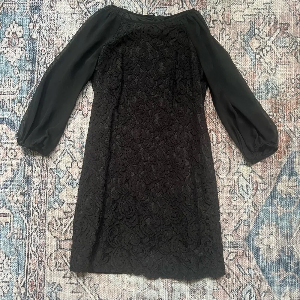 Adrianna Papell Elegant Black Lace Overlay Dress Sheer 3/4 Length Sleeve 8P - Image 9
