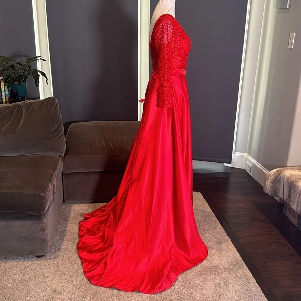 Red Full Length 3/4 Sleeve Sparkly Bodice Formal Prom Dress LegSlit Size 4 *READ - Image 3