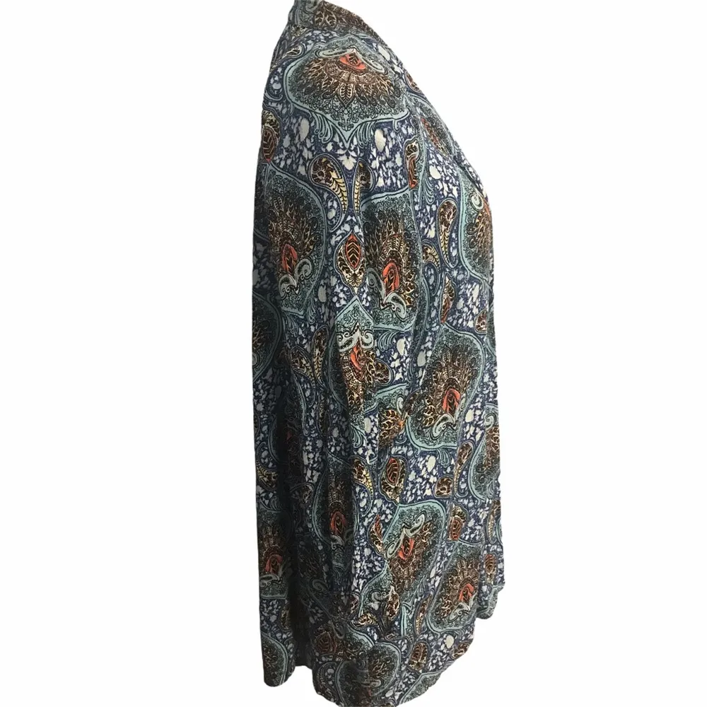 Zoe & Rose Band of Gypsies Boho Blue Paisley Open Front LS Cardigan Hi Low Hem - Image 2