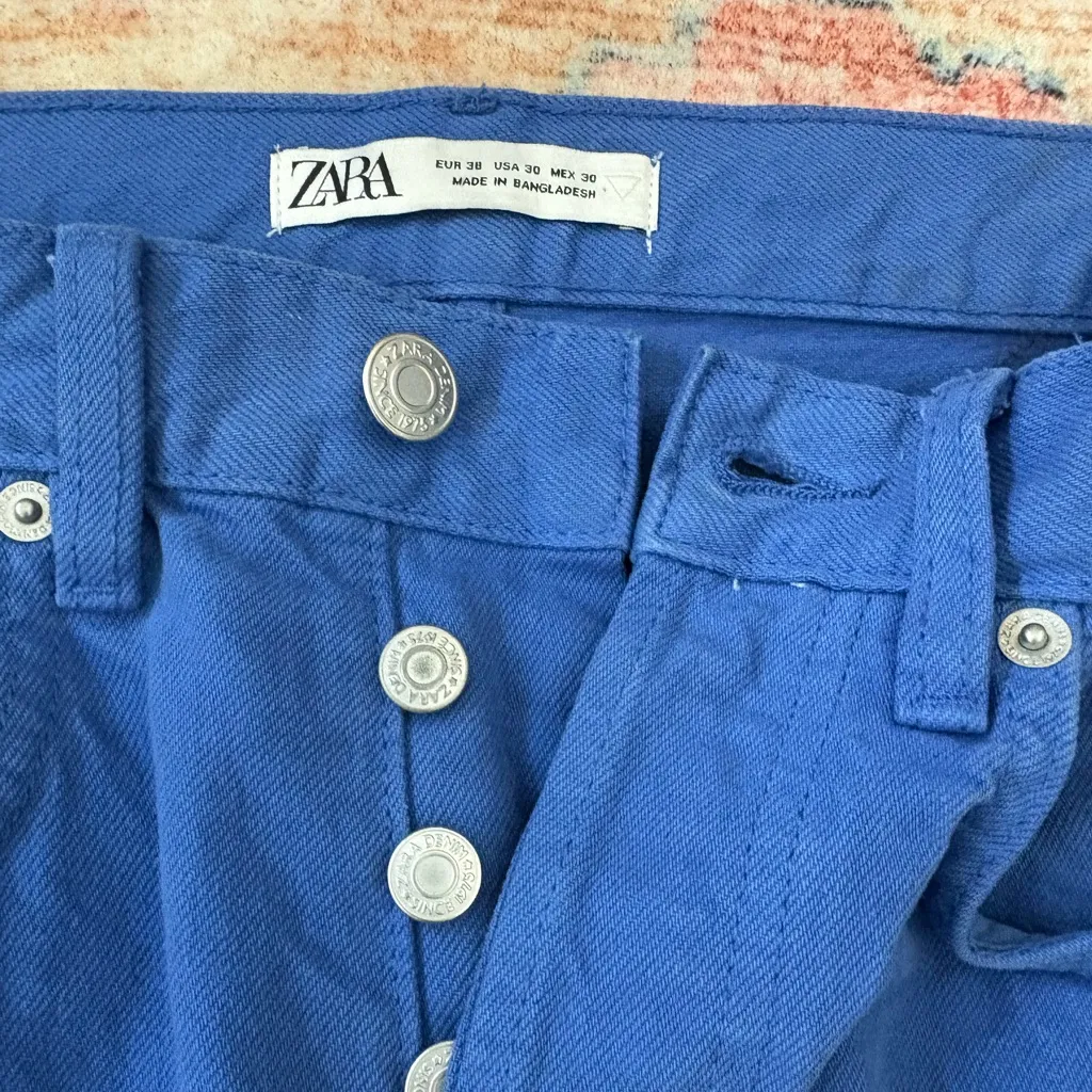 Zara High Rise Straight Leg Button Fly Royal Blue Jeans US Size 30 - Image 2