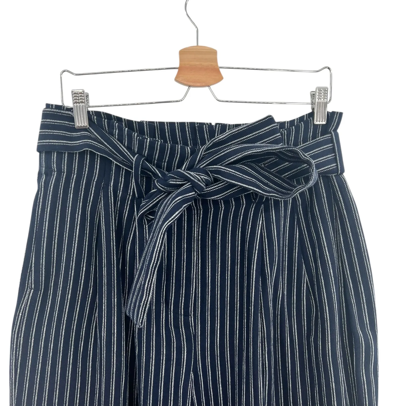 J. Crew Point Sur Paperbag Pants Wide Leg Belt Stripe Navy Blue Size 12 - Image 4