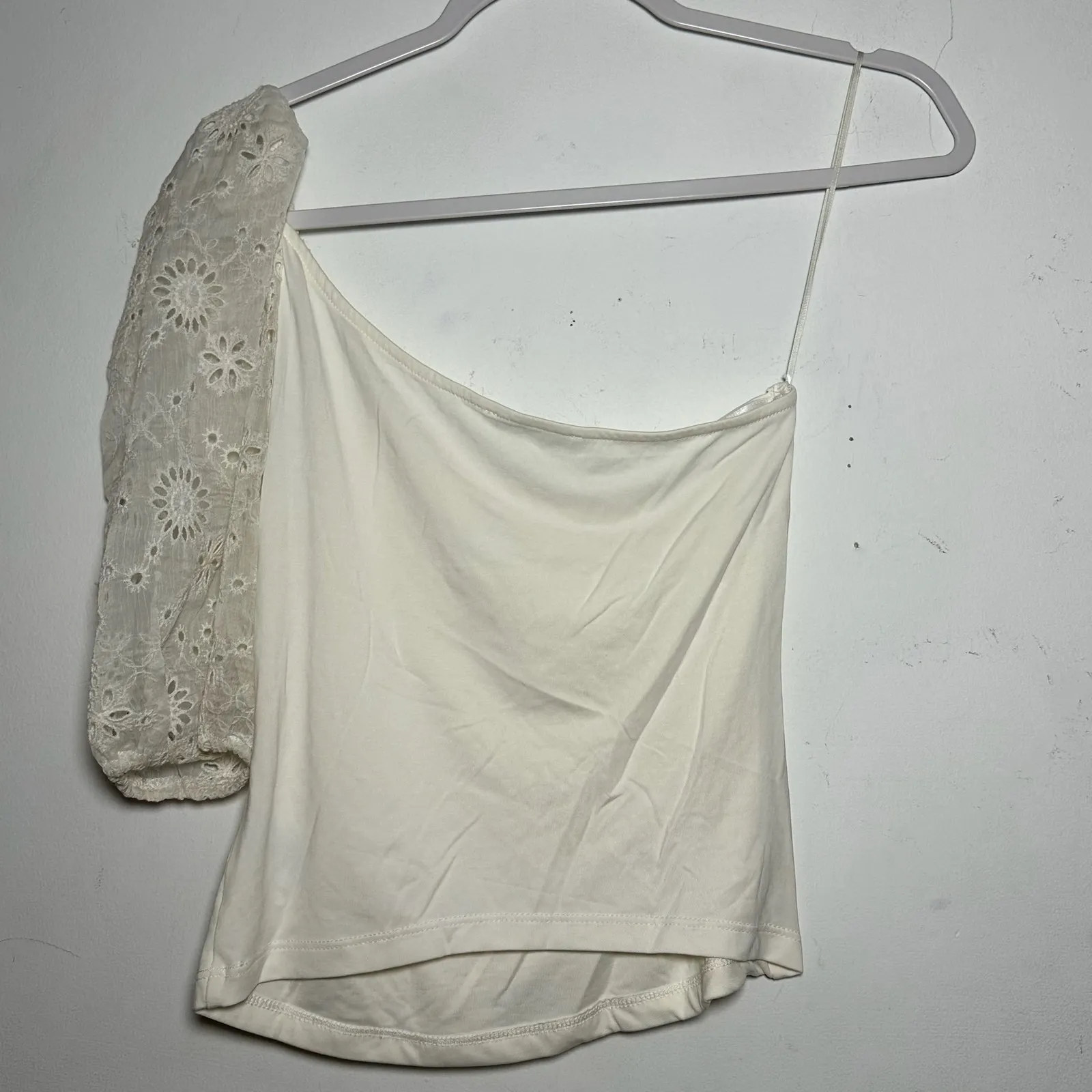 Heartloom Ivory Eyelet Puff Sleeve One Shoulder Ruched Top Shirt Size Small - Image 2