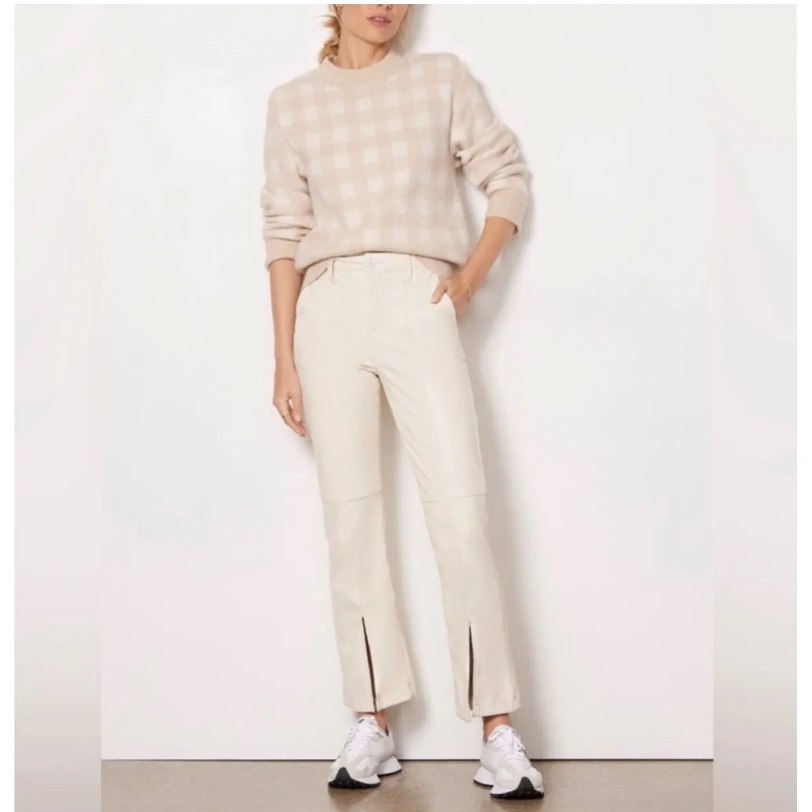 Evereve Checkered Sweater Beige Cream Cozy Knit Long Sleeve XS - Image 2