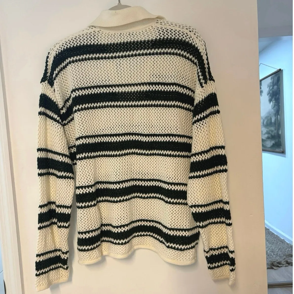 NWT Madewell Open-Stitch Johnny Collar Sweater In Summit Green Stripe Size Large - Image 6