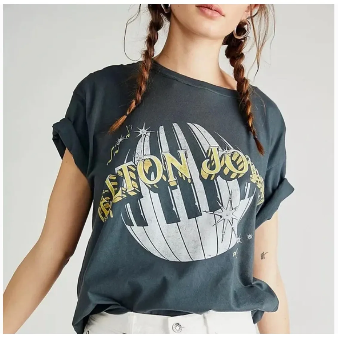 Daydreamer Elton John 1980 World Tour Graphic Tee Charcoal Size XS - Image 6