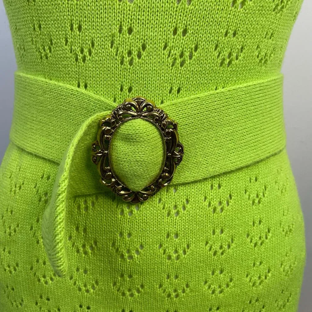 Vintage Dolphin California Lime Green Crochet Knit High Neck Belted Maxi Dress - Image 5