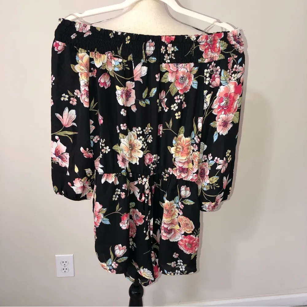 Romper Off Shoulder Small Black Floral Active USA Elastic Waist Tie Front - Image 3