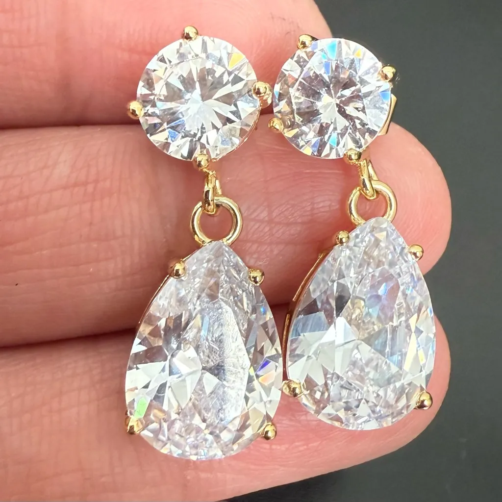 Stunning Clear CZ Cubic Zirconia Round/Pear Teardrop Gold - Image 7