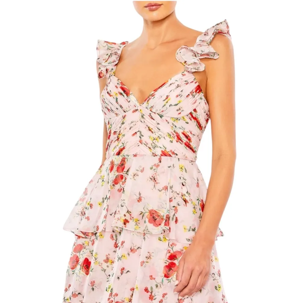 Ieena by Mac Duggal- Pink Ruffled Sleeveless Draped Tiered Floral Gown Size 4 - Image 3