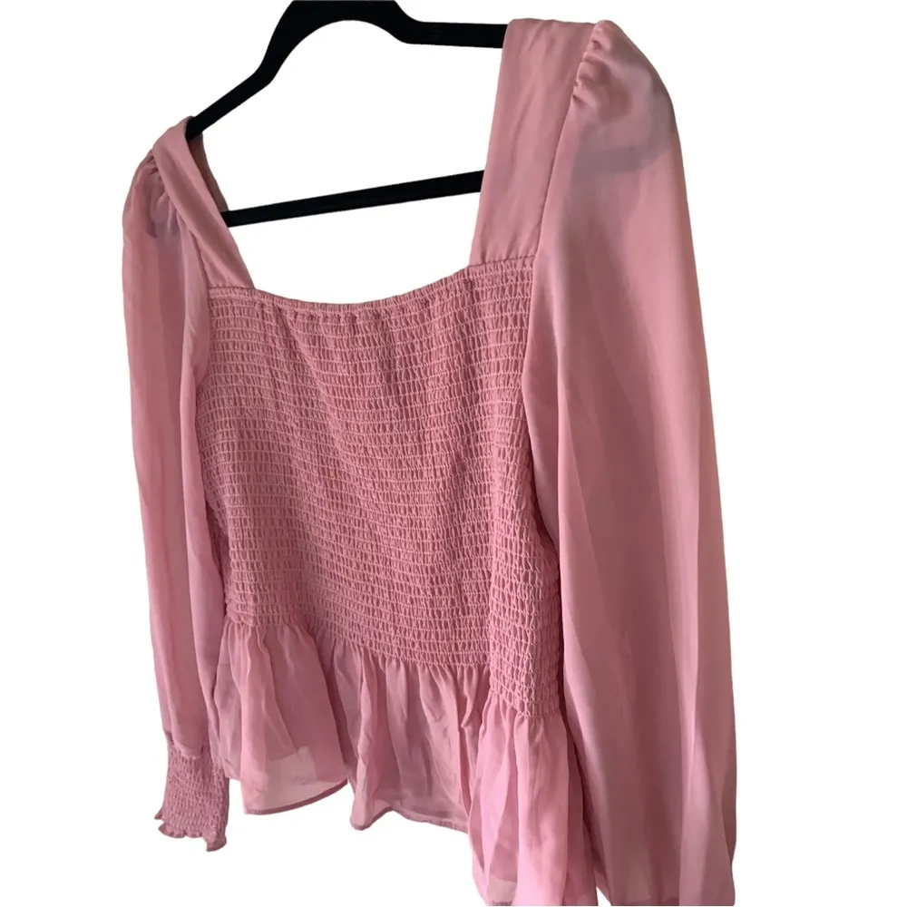 Nine West NWT square neck smocked blouse pink mauve sheer chiffon ruffle top - Image 6