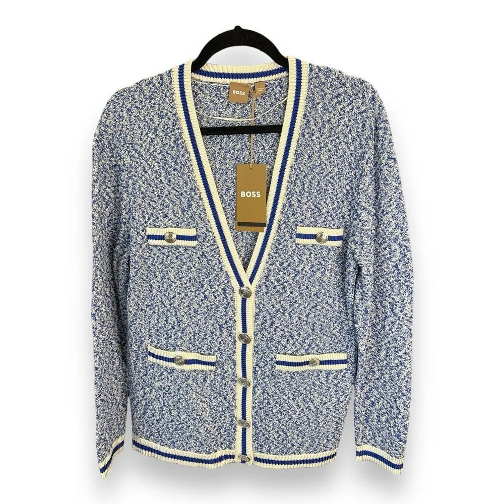 NWT Hugo BOSS Women's C Folonia V-Neck Cardigan Sweater Size Medium Blue White - Image 2