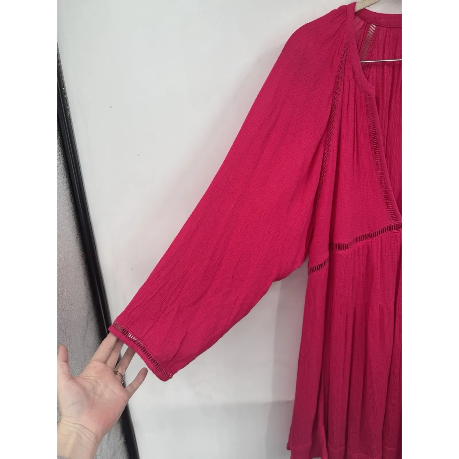 Free People Go Lightly Deep V-Neck Pink Swing Mini Dress Size Large Preppy Indie - Image 9