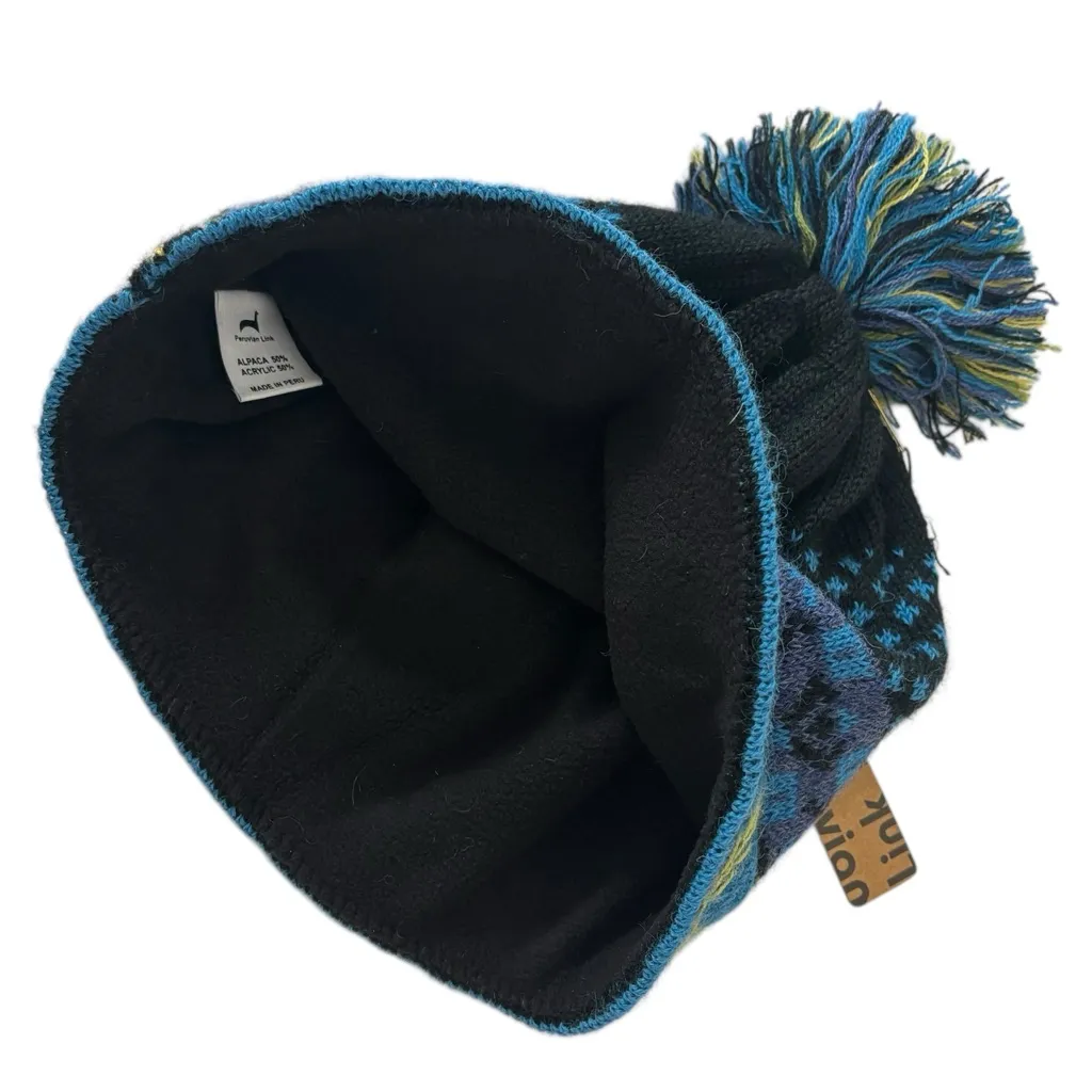 NWT Peruvian Link Alpaca Fleece Lined Pompom Hat in Blue Meadow - Image 3