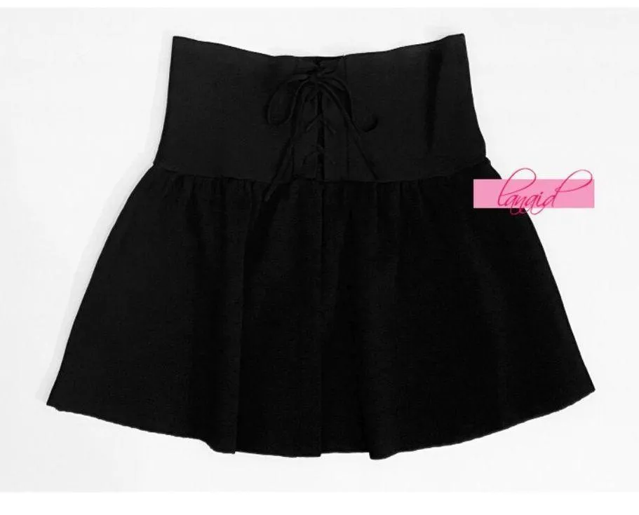 Knit Lace-Up Skirt High-Waist Waisted A-Line Skater Corset Edgy Circle Mini - Image 5