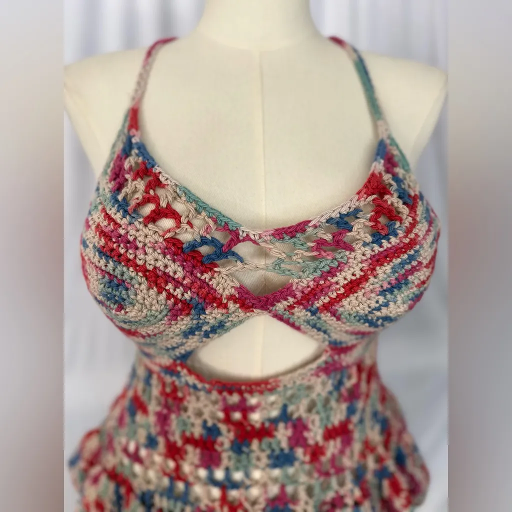 Handmade Crochet Halter Top Boho Cutout Peplum Multicolor (1071) - Image 6