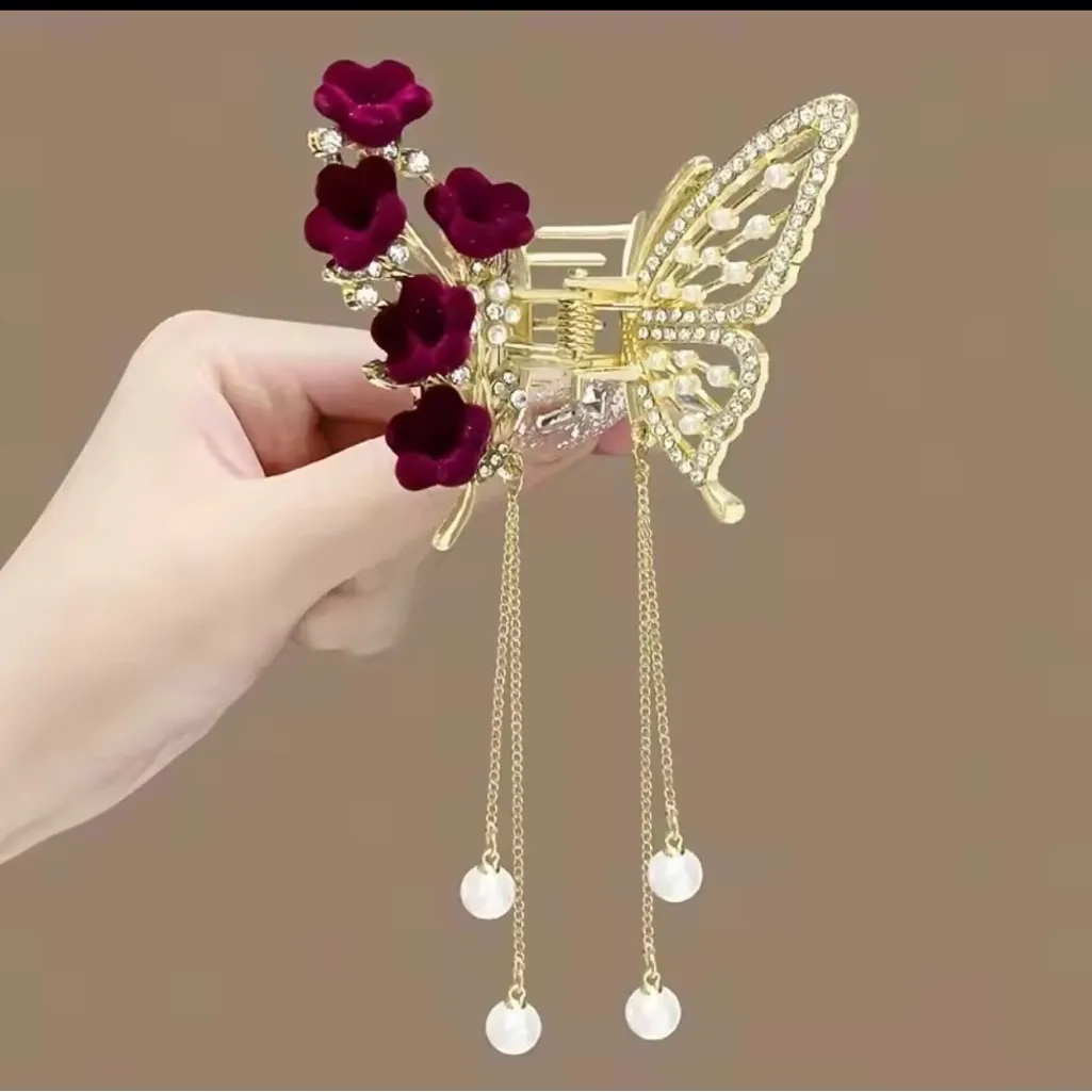 Faux Pearl Tassel Hair Claw Clip Red Rose Jaw Clips Metal Shark Clips For Girls Gold - Image 2