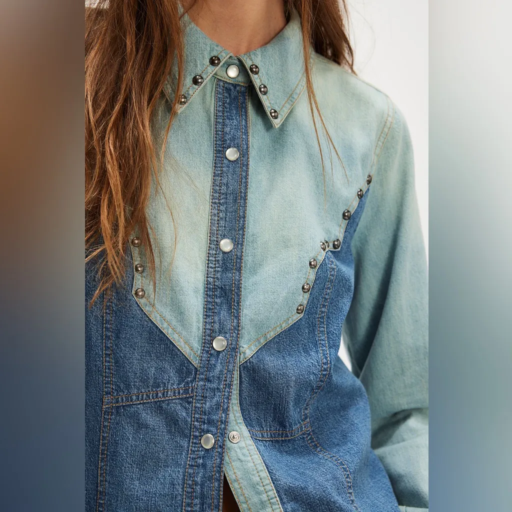 NWT Free People We The Free Dude Ranch Denim Shirt in Blue Motif - Image 3