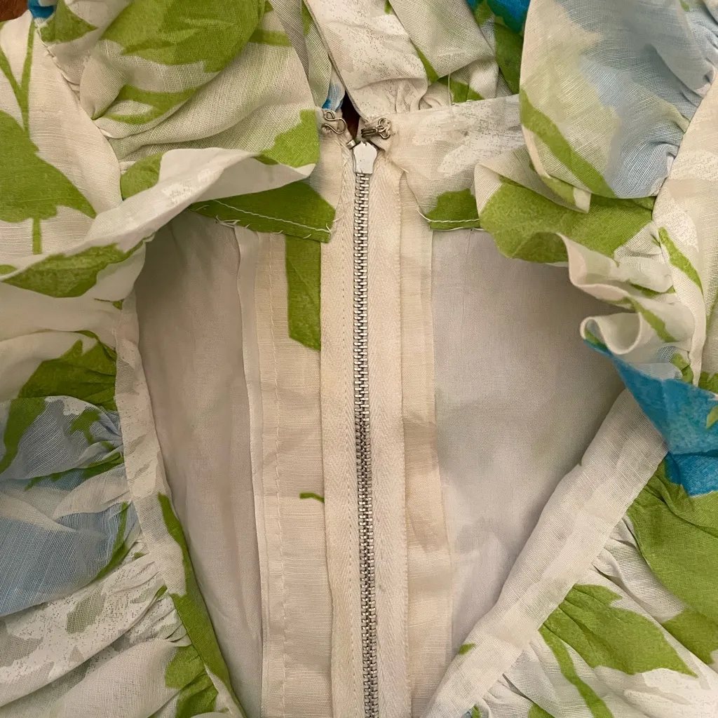 Vintage Handmade Romantic Maxi Dress Ruffle Neck Bell Sleeves Bird Appliqué ~M Blue Size M - Image 7