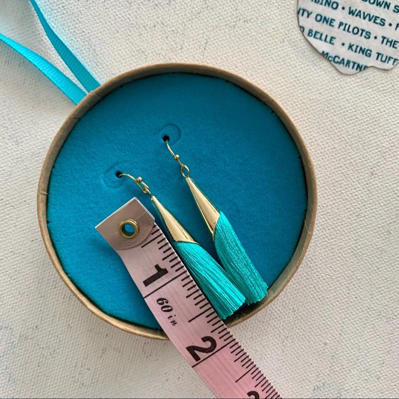 Shiraleah Anthropologie Tallulah Teal & Gold Tassel Drop Boho Style Earrings - Image 5