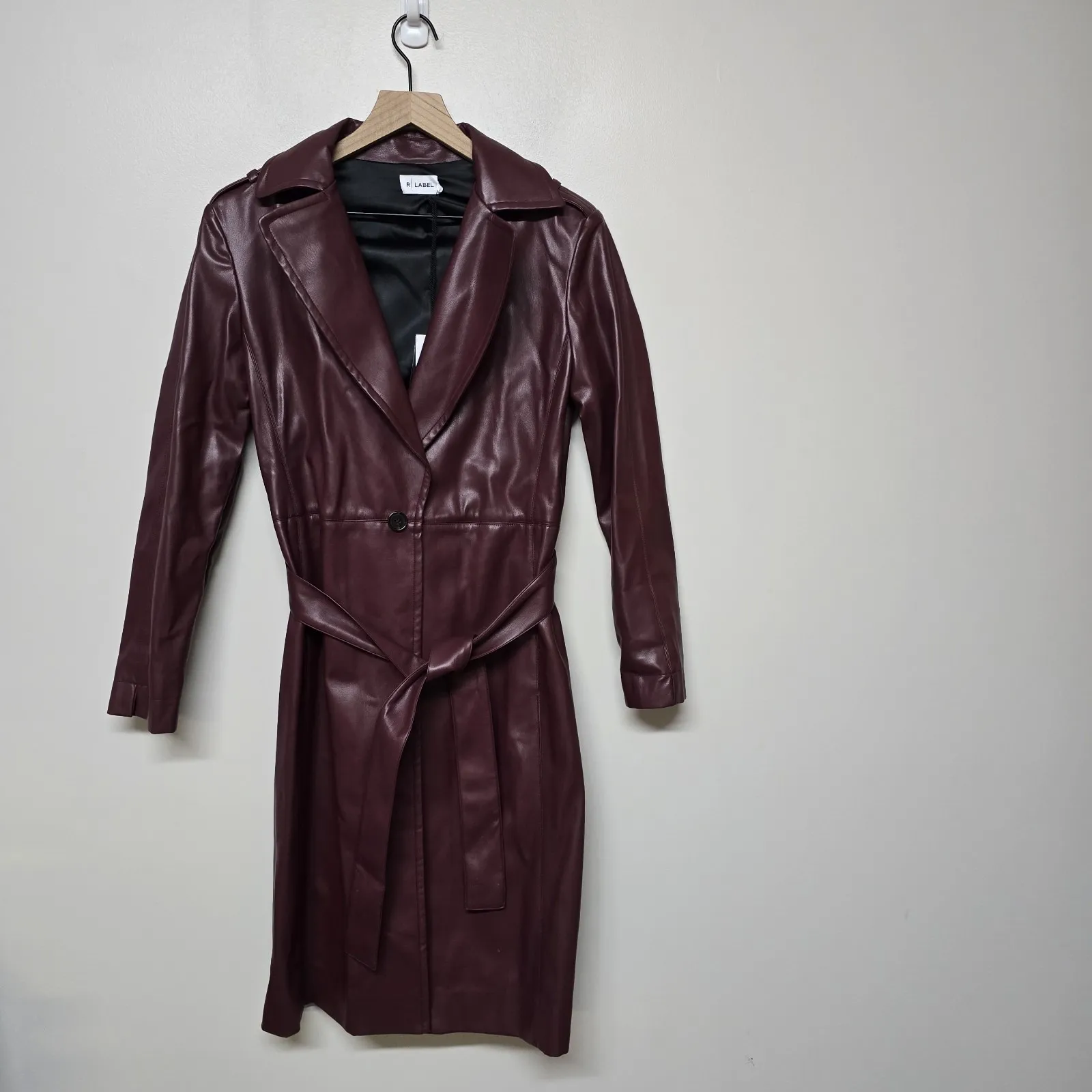 The Reset R LABEL Faux Leather Trench Coat Womens Small Burgundy Belted Longline Red - Image 3