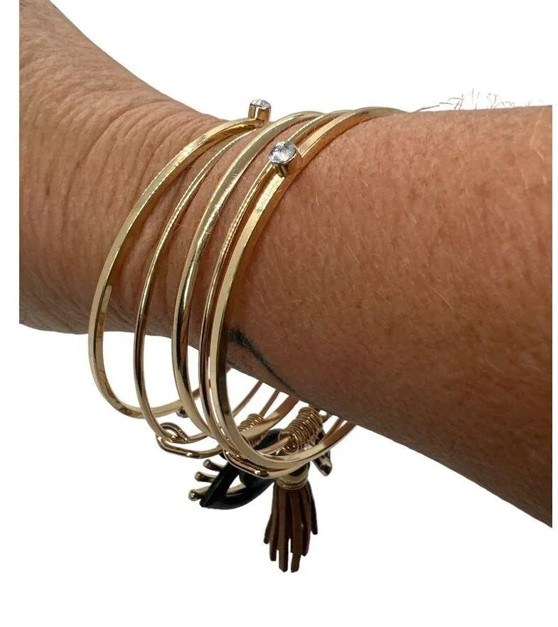 Set Of 5 Gold Tone Bangles Charms Evil Eye Tassel Rhinestones Size 8 NWOT - Image 6