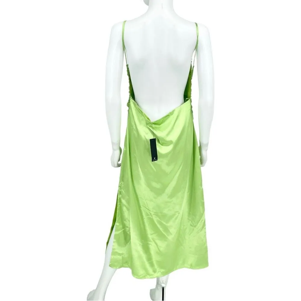 LULUS Maxi Dress Women Size Large Behold Lime Satin Evening Spaghetti Strapped - Image 6
