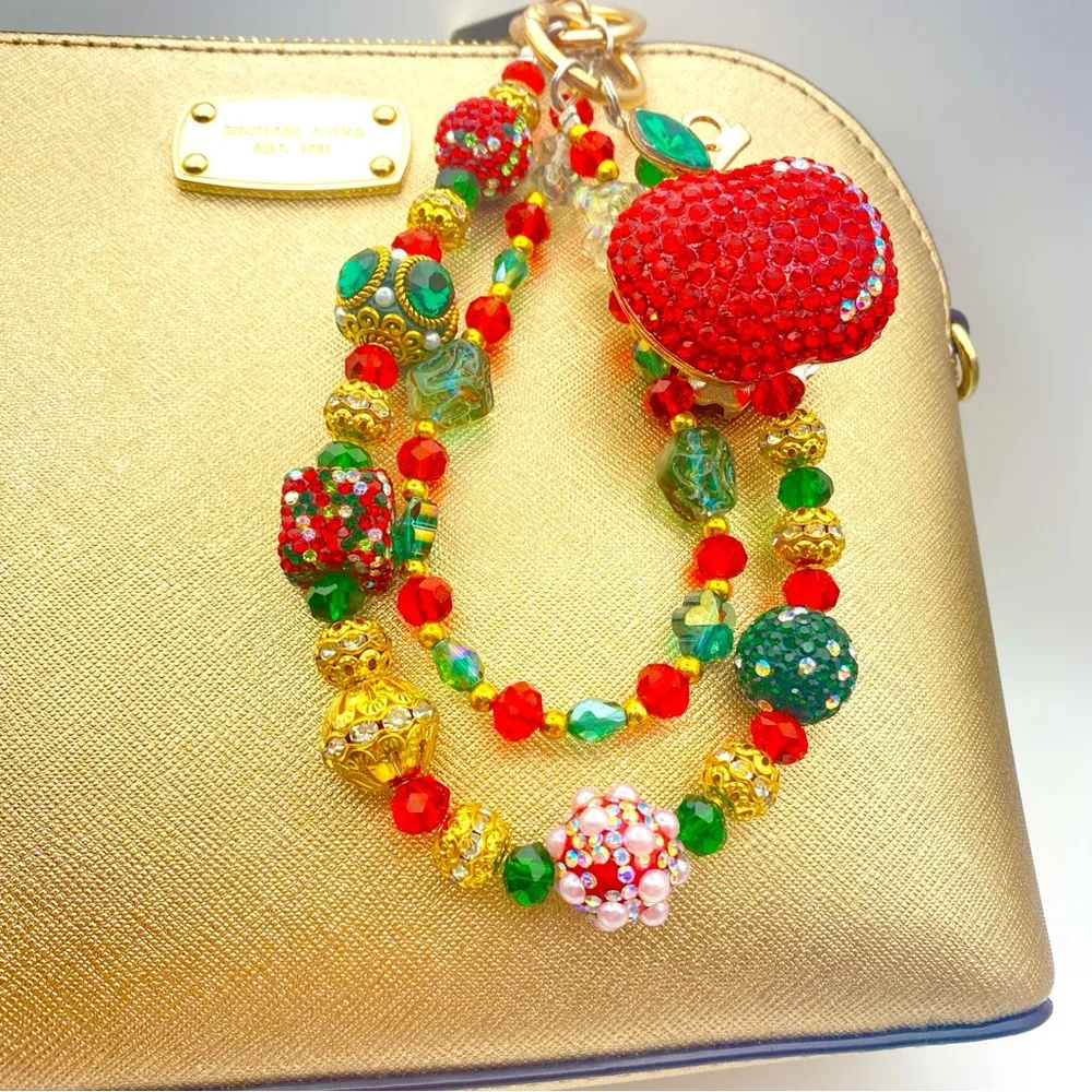 🍎 Luxury Bag/Phone Chain Charm/Keychain Rhinestone RED APPLE Bling Crystal Beads - Image 2