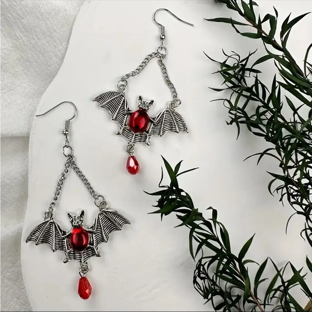 Gothic Bat Wing Vibrant Red Synthetic‎ Gemstone Drop Earrings Silver Plated - Image 6
