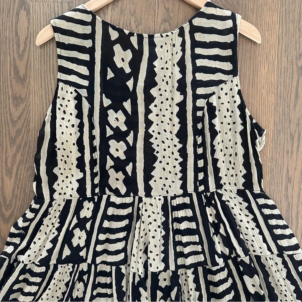 Vintage 90s Grunge Abstract Mudcloth Print Tiered Babydoll Gauze Dress Black M - Image 9