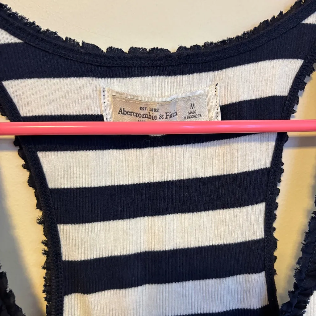 Abercrombie & Fitch Y2K Stretch Tank Top Tulle Trim Blue White Stripes Size M - Image 4