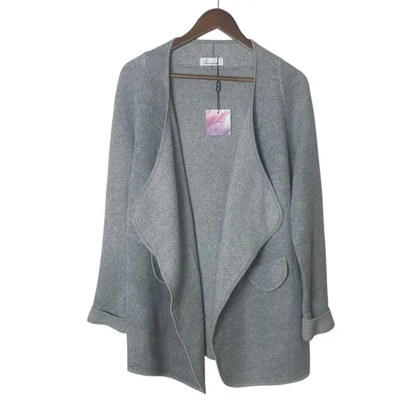 Chicwish Gray Knit Open Front Cardigan S/M Wide Lapel Longline Fall Layering New - Image 2