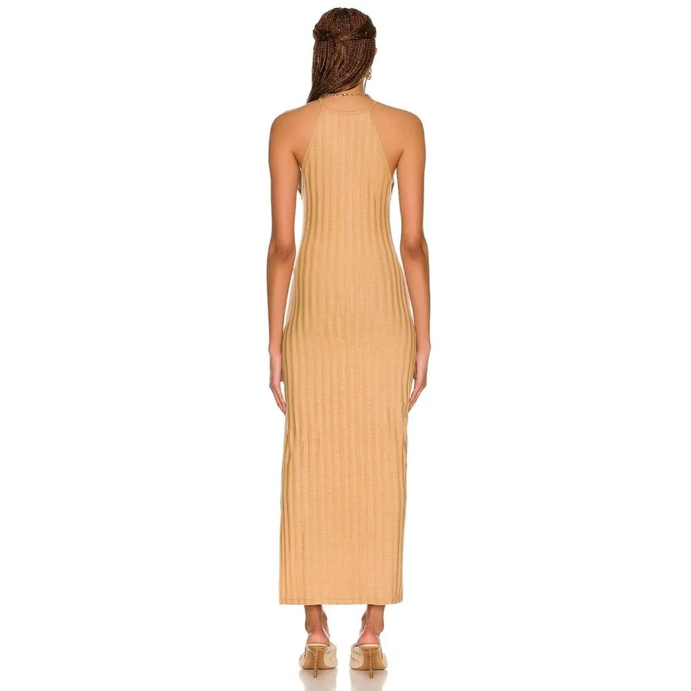 SIMKHAI Womens Megan Rib Racerback Dress in Camel Small Midi Stretch Tan - Image 2