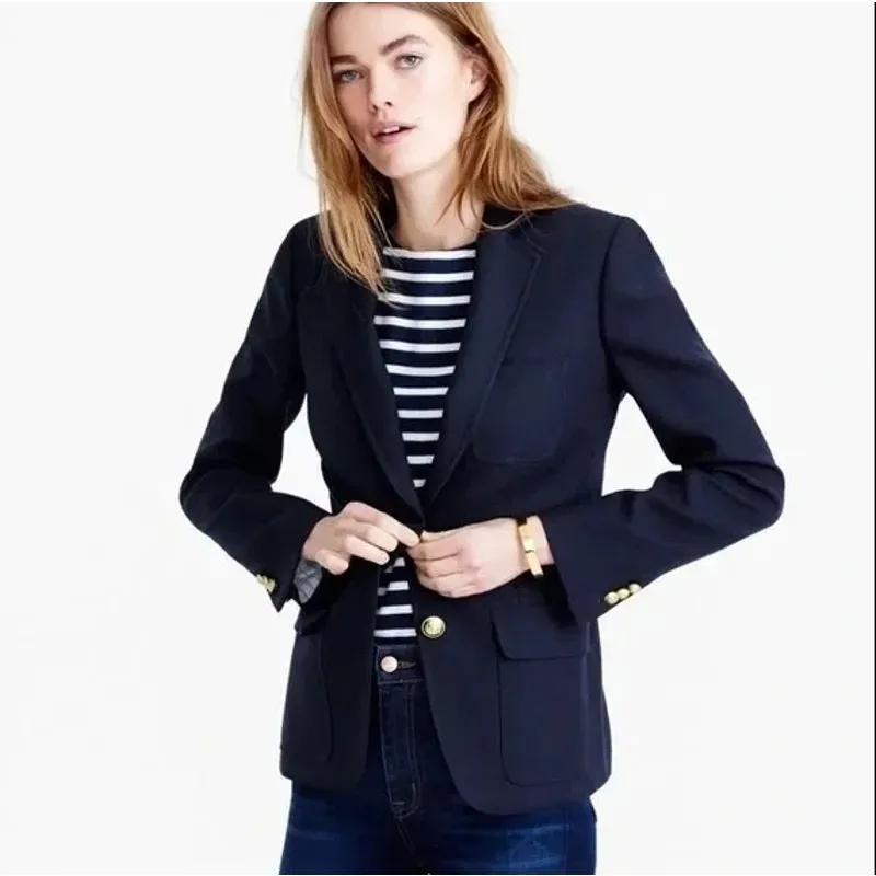 J.Crew Rhodes Italian Wool Blazer Navy Blue Brass Buttons Size 2 Tall - Image 3
