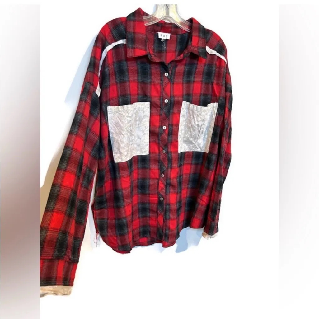 POL  Red and Black Plaid Oversized Button Front Shirt - Image 6