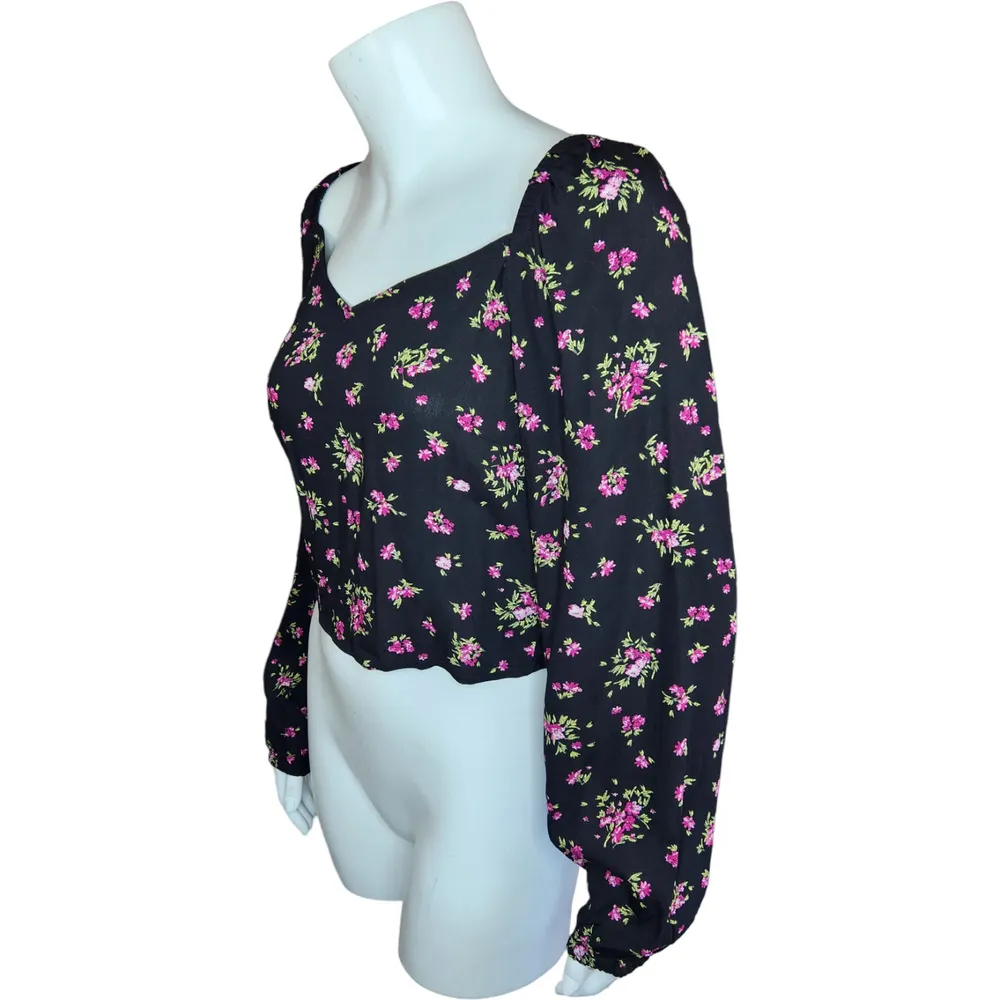 Vero Moda Womens Medium VMANNA Long Sleeve Crop Top Black Pink Floral Smock NWT - Image 3