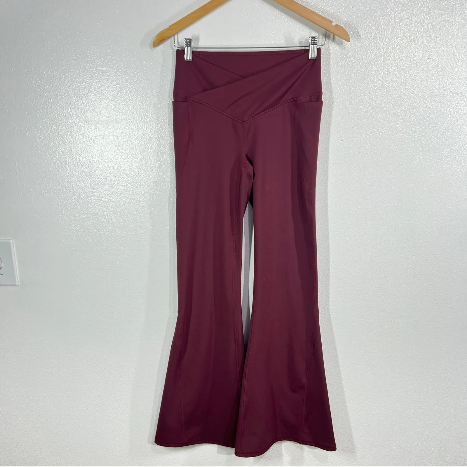 Fabletics Oasis PureLuxe Crossover Flare Leggings Small Women Burgundy High Rise - Image 2