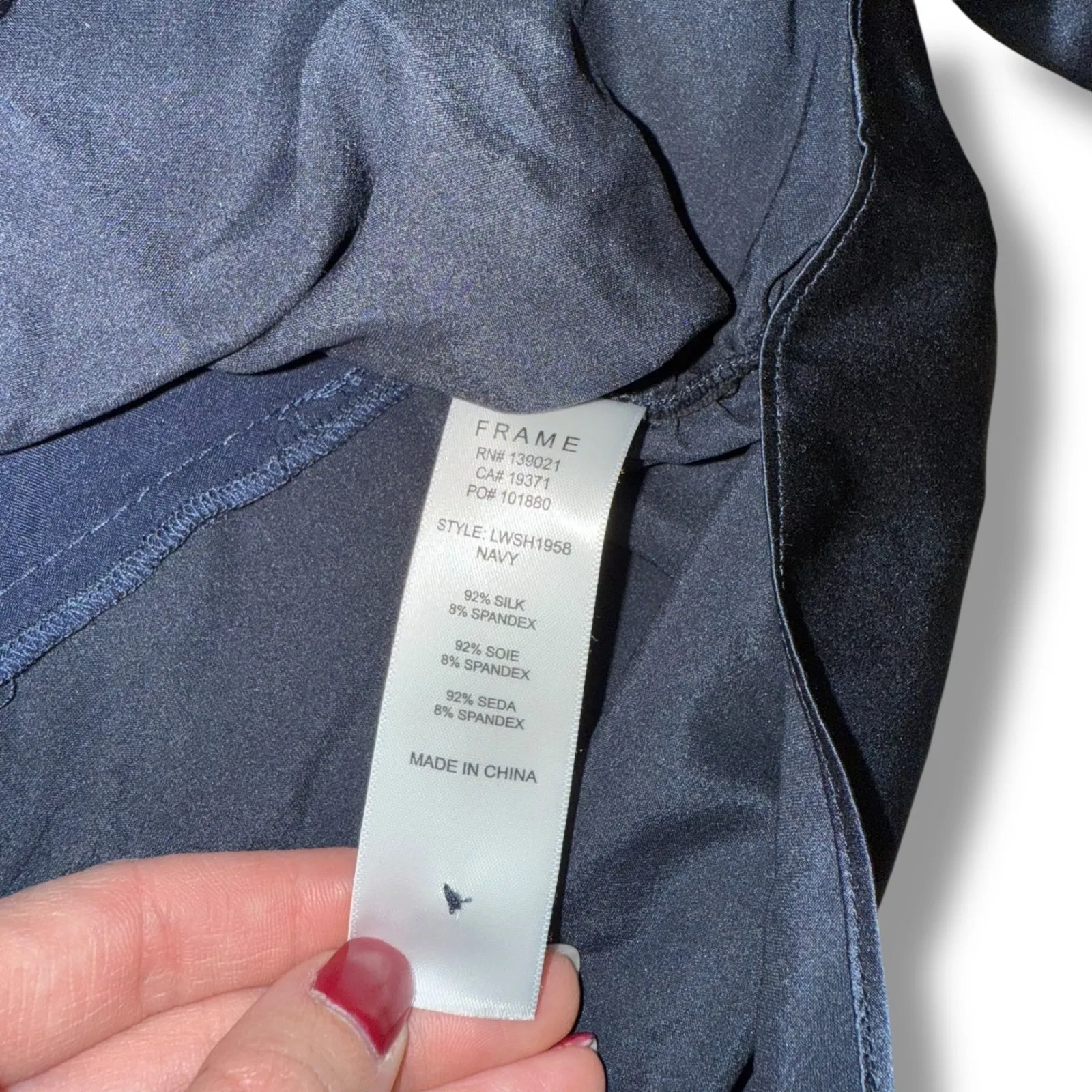 FRAME Navy Silk Ruched Mock Neck Button Front Long Sleeve Blouse Top‎ - Image 8